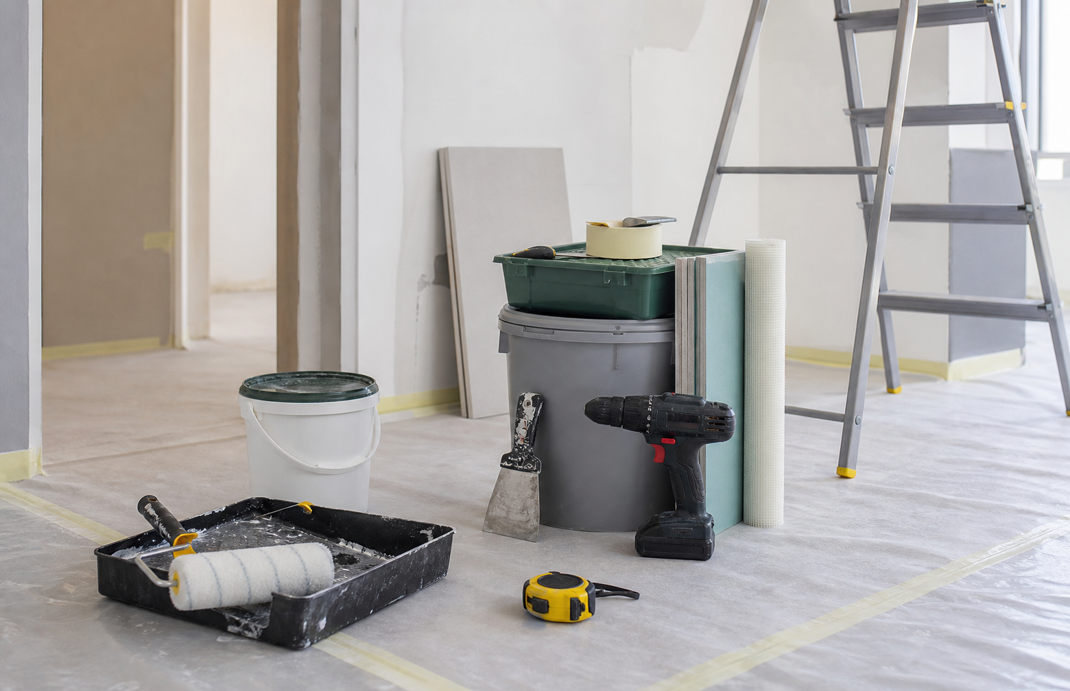 Herramientas y materiales preparados para obras menores y mantenimiento.